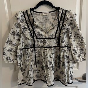 Umgee Ruffled Blouse with Black & Cream Print, Meet You There Taupe Toile Blouse